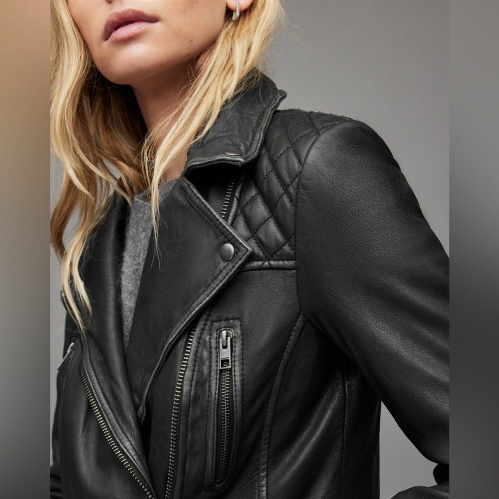 All Saints Cargo Biker Leather Jacket - Distressed Black Leather size 2